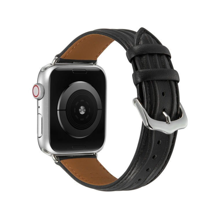 Embossed Line Genuine Leather Watch Band For Apple Watch Ultra 2 49mm(Black) - Watch Bands by PMC TechLife | Online Shopping South Africa | PMC TechLife | Buy Now Pay Later Mobicred