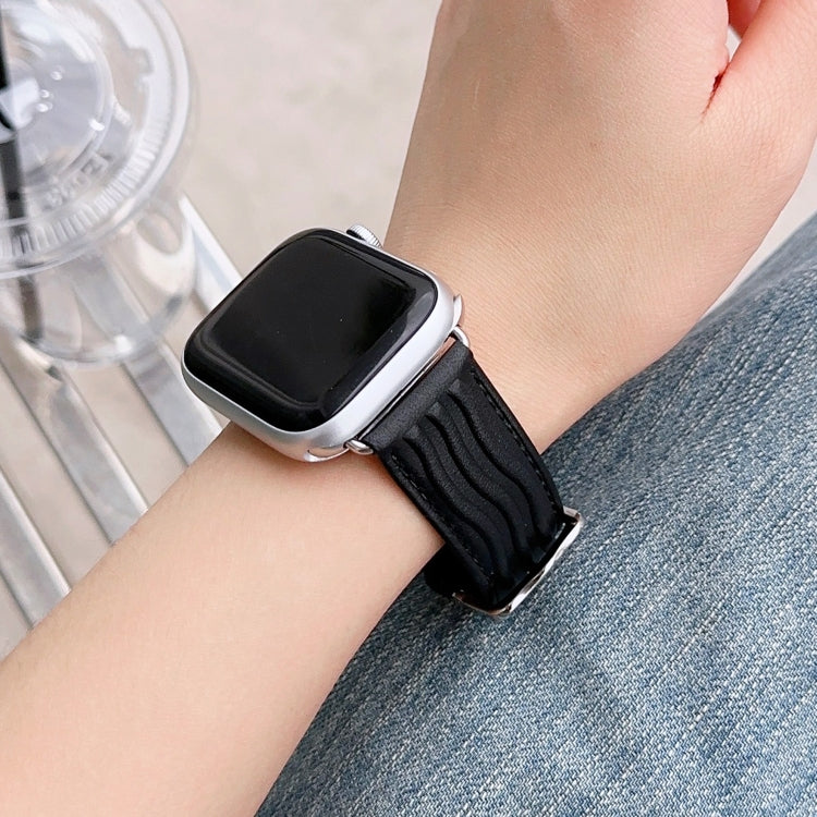 Embossed Line Genuine Leather Watch Band For Apple Watch Ultra 2 49mm(Black) - Watch Bands by PMC TechLife | Online Shopping South Africa | PMC TechLife | Buy Now Pay Later Mobicred