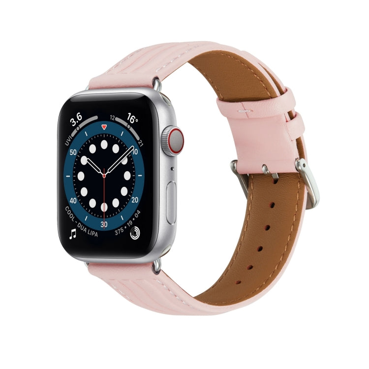 Embossed Line Genuine Leather Watch Band For Apple Watch Ultra 2 49mm(Pink) - Watch Bands by PMC TechLife | Online Shopping South Africa | PMC TechLife | Buy Now Pay Later Mobicred