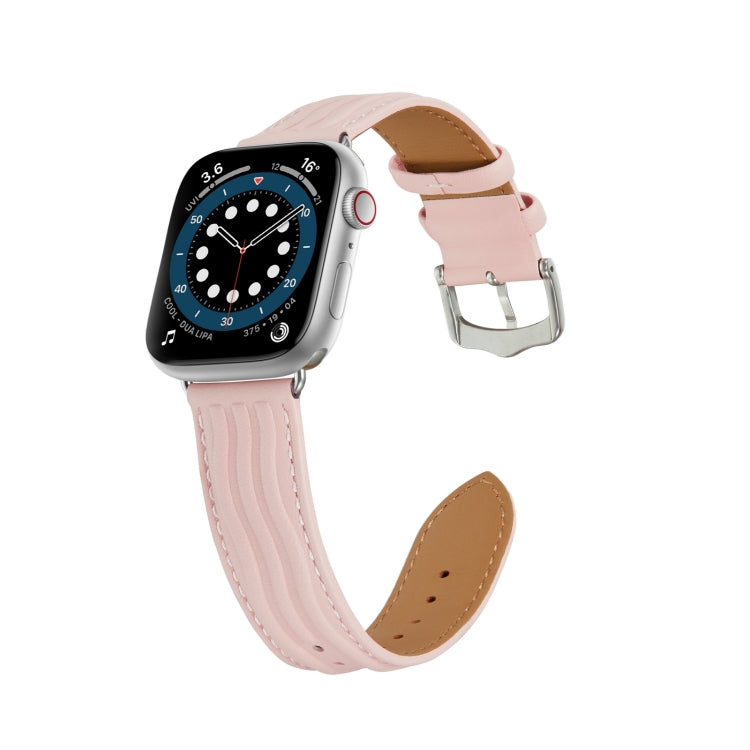 Embossed Line Genuine Leather Watch Band For Apple Watch Ultra 2 49mm(Pink) - Watch Bands by PMC TechLife | Online Shopping South Africa | PMC TechLife | Buy Now Pay Later Mobicred