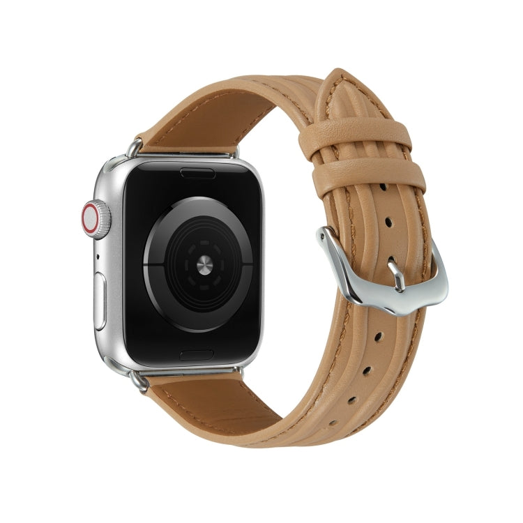 Embossed Line Genuine Leather Watch Band For Apple Watch Ultra 2 49mm(Khaki) - Watch Bands by PMC TechLife | Online Shopping South Africa | PMC TechLife | Buy Now Pay Later Mobicred
