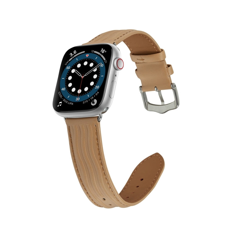 Embossed Line Genuine Leather Watch Band For Apple Watch Ultra 2 49mm(Khaki) - Watch Bands by PMC TechLife | Online Shopping South Africa | PMC TechLife | Buy Now Pay Later Mobicred