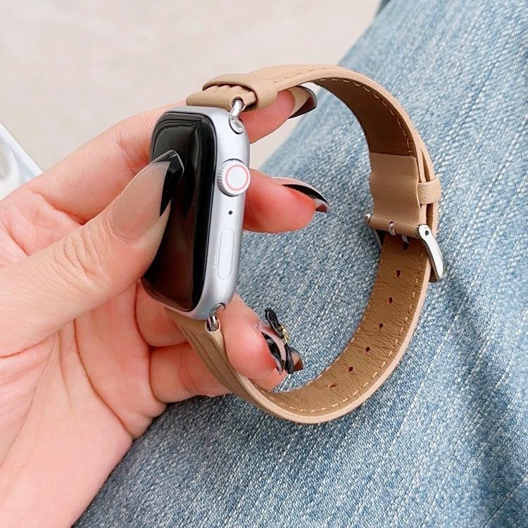Embossed Line Genuine Leather Watch Band For Apple Watch Ultra 2 49mm(Khaki) - Watch Bands by PMC TechLife | Online Shopping South Africa | PMC TechLife | Buy Now Pay Later Mobicred