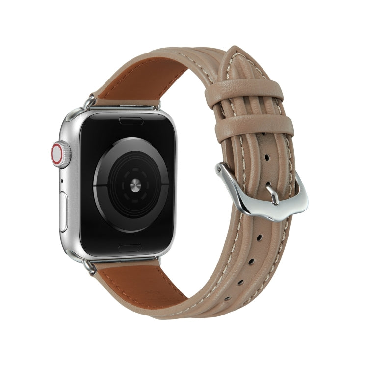 Embossed Line Genuine Leather Watch Band For Apple Watch Ultra 2 49mm(Milky Brown) - Watch Bands by PMC TechLife | Online Shopping South Africa | PMC TechLife | Buy Now Pay Later Mobicred