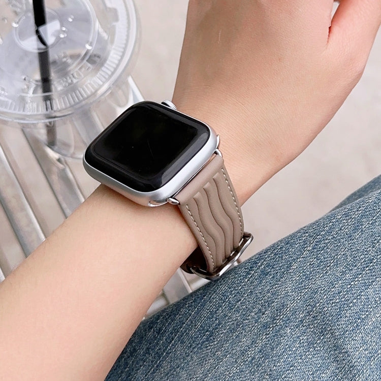 Embossed Line Genuine Leather Watch Band For Apple Watch Ultra 2 49mm(Milky Brown) - Watch Bands by PMC TechLife | Online Shopping South Africa | PMC TechLife | Buy Now Pay Later Mobicred