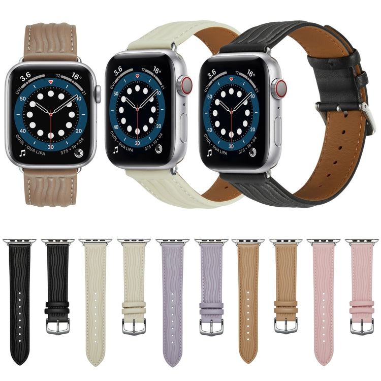 Embossed Line Genuine Leather Watch Band For Apple Watch Ultra 2 49mm(Khaki) - Watch Bands by PMC TechLife | Online Shopping South Africa | PMC TechLife | Buy Now Pay Later Mobicred