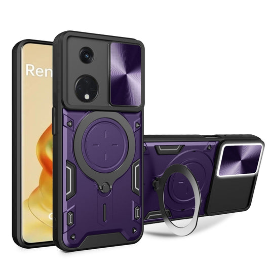 For OPPO Reno8 T 5G CD Texture Sliding Camshield Magnetic Holder Phone Case(Purple) - OPPO Cases by PMC Jewellery | Online Shopping South Africa | PMC Jewellery | Buy Now Pay Later Mobicred
