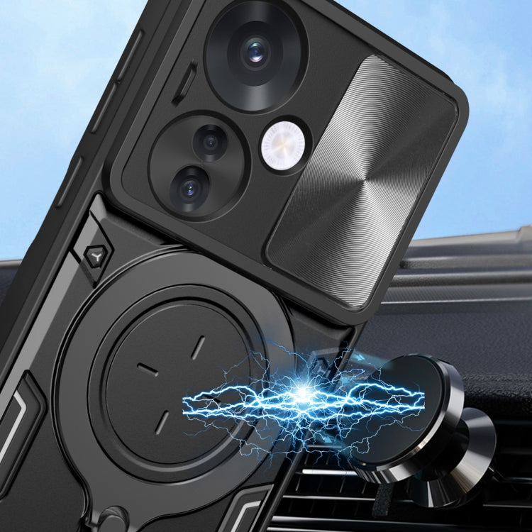For OPPO Reno11 F 5G Global CD Texture Sliding Camshield Magnetic Holder Phone Case(Black) - Reno11 F Cases by PMC TechLife | Online Shopping South Africa | PMC TechLife | Buy Now Pay Later Mobicred