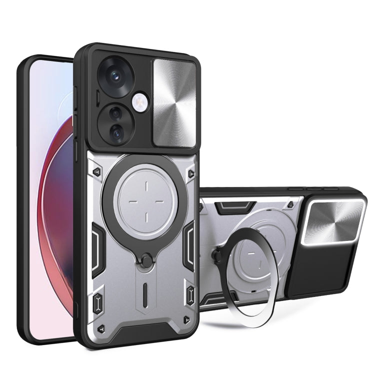For OPPO Reno11 F 5G Global CD Texture Sliding Camshield Magnetic Holder Phone Case(Silver) - Reno11 F Cases by PMC TechLife | Online Shopping South Africa | PMC TechLife | Buy Now Pay Later Mobicred