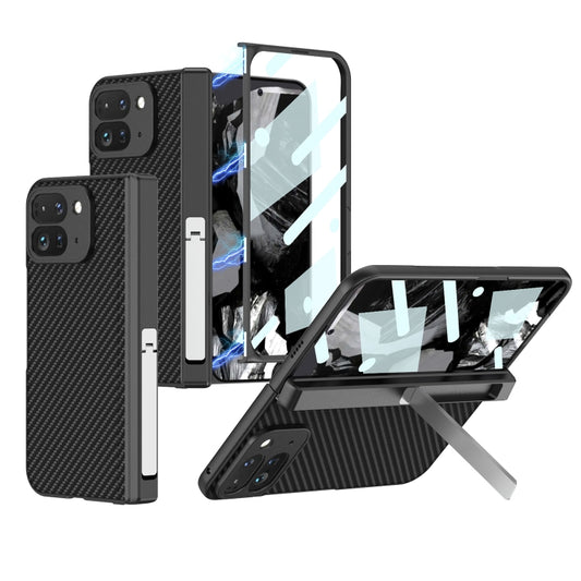 For Google Pixel 9 Pro Fold GKK Integrated Fold Hinge Leather Phone Case with Holder(Carbon Fibre Black) - Google Cases by GKK | Online Shopping South Africa | PMC Jewellery | Buy Now Pay Later Mobicred