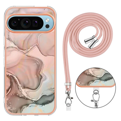 For Google Pixel 9 / 9 Pro Electroplating Marble Dual-side IMD Phone Case with Lanyard(Rose Gold 015) - Google Cases by PMC Jewellery | Online Shopping South Africa | PMC Jewellery | Buy Now Pay Later Mobicred