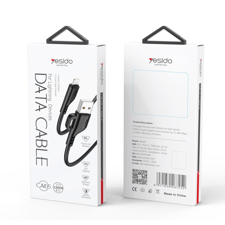 YESIDO CA105 1.2m 2.4A USB to 8 Pin Charging Data Cable with Hook(Black) - Normal Style Cable by Yesido | Online Shopping South Africa | PMC Jewellery | Buy Now Pay Later Mobicred