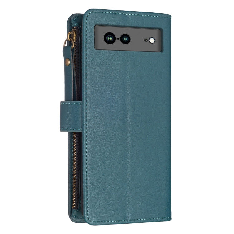 For Google Pixel 7a 9 Card Slots Zipper Wallet Leather Flip Phone Case(Green) - Google Cases by PMC Jewellery | Online Shopping South Africa | PMC Jewellery | Buy Now Pay Later Mobicred