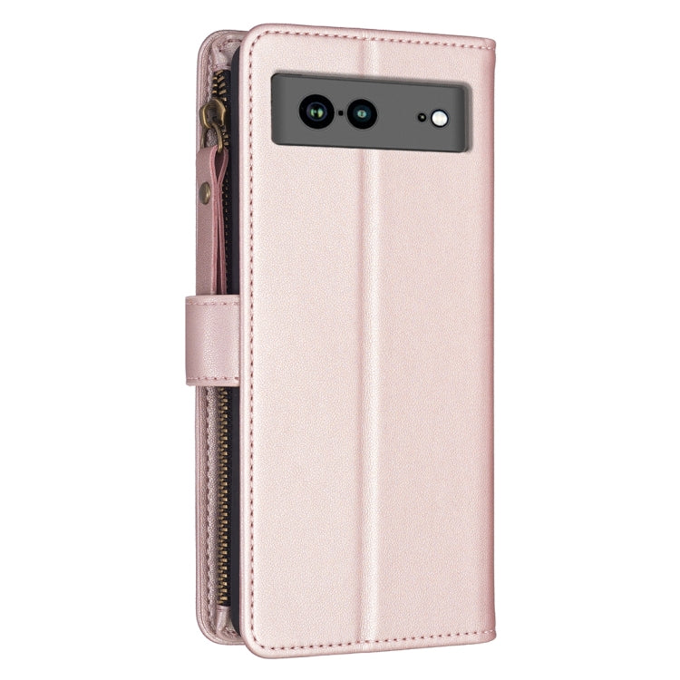 For Google Pixel 7a 9 Card Slots Zipper Wallet Leather Flip Phone Case(Rose Gold) - Google Cases by PMC Jewellery | Online Shopping South Africa | PMC Jewellery | Buy Now Pay Later Mobicred