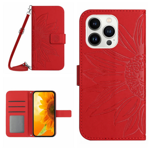 For iPhone 16 Pro Max Skin Feel Sun Flower Embossed Flip Leather Phone Case with Lanyard(Red) - iPhone 16 Pro Max Cases by PMC Jewellery | Online Shopping South Africa | PMC Jewellery | Buy Now Pay Later Mobicred