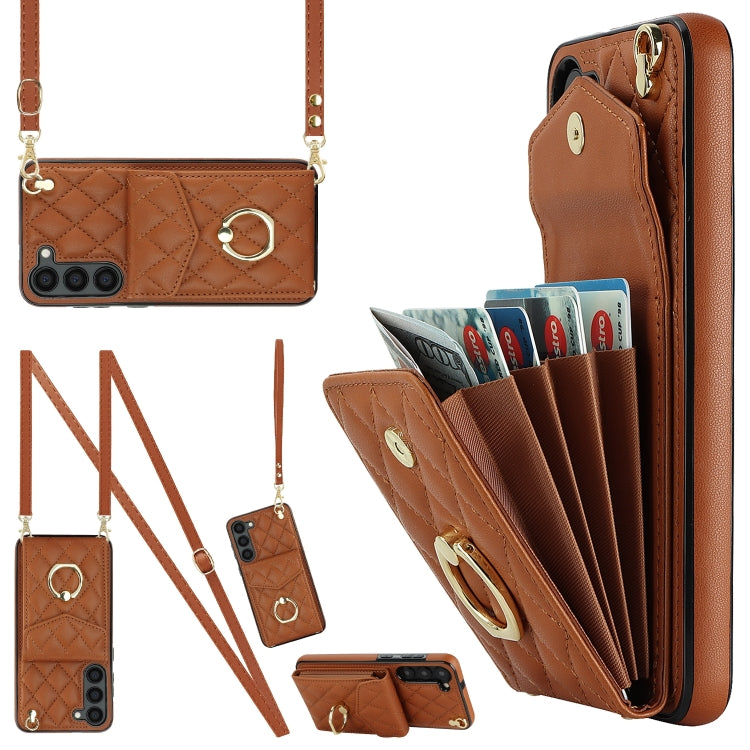 For Samsung Galaxy S24 5G Rhombic Texture Card Bag Phone Case with Long Lanyard(Brown) - Galaxy S24 5G Cases by PMC Jewellery | Online Shopping South Africa | PMC Jewellery | Buy Now Pay Later Mobicred