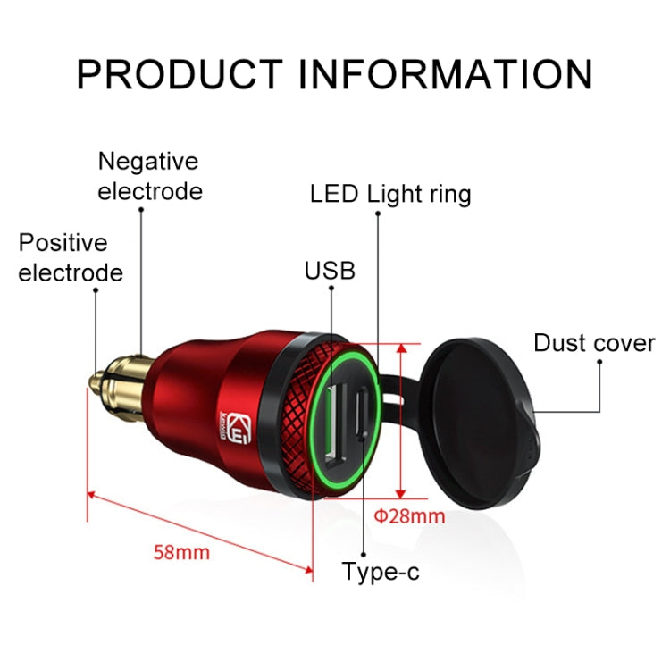Motorcycle European-style Small-caliber Aluminum Alloy QC 3.0 + PD Fast Charge USB Charger, Shell Color:Red(Green Light) - Battery Charger by PMC TechLife | Online Shopping South Africa | PMC TechLife | Buy Now Pay Later Mobicred