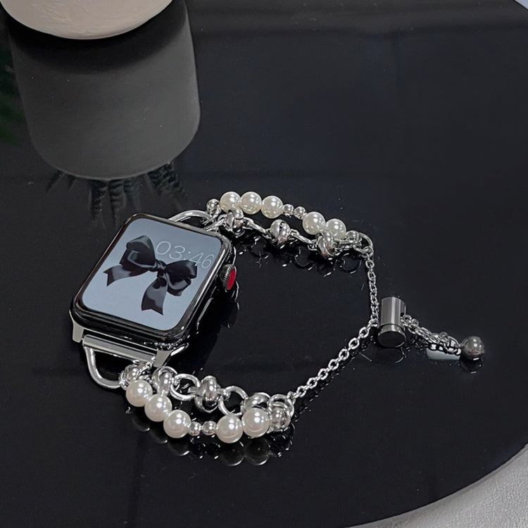 For Apple Watch 8 45mm  Pearl Bracelet Metal Watch Band(Silver Black) - free shipping - PMC TechLife - Order now!