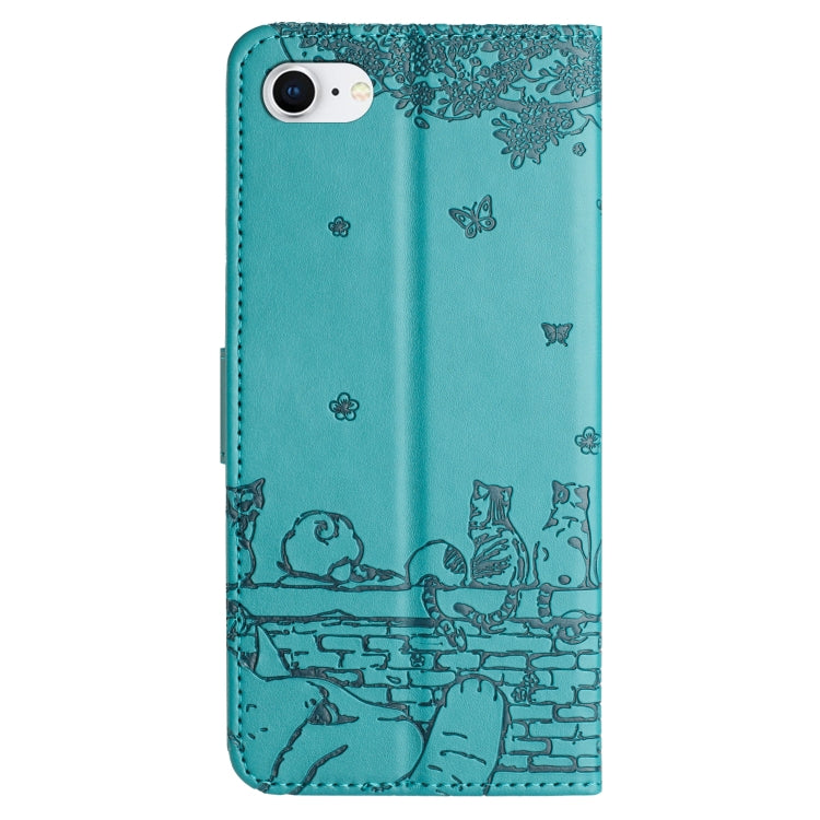 For iPhone SE 2024 Cat Embossing Pattern Leather Phone Case with Lanyard(Blue) - More iPhone Cases by PMC Jewellery | Online Shopping South Africa | PMC Jewellery | Buy Now Pay Later Mobicred