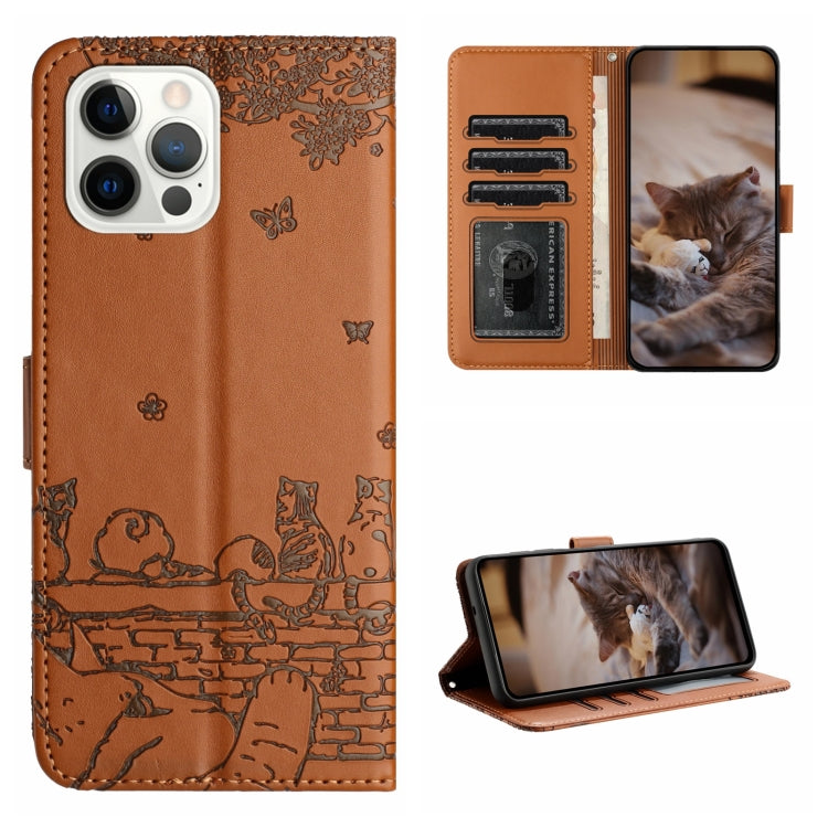 For iPhone 16 Pro Cat Embossing Pattern Leather Phone Case with Lanyard(Brown) - iPhone 16 Pro Cases by PMC Jewellery | Online Shopping South Africa | PMC Jewellery | Buy Now Pay Later Mobicred