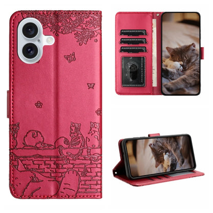 For iPhone 16 Plus Cat Embossing Pattern Leather Phone Case with Lanyard(Red) - iPhone 16 Plus Cases by PMC Jewellery | Online Shopping South Africa | PMC Jewellery | Buy Now Pay Later Mobicred