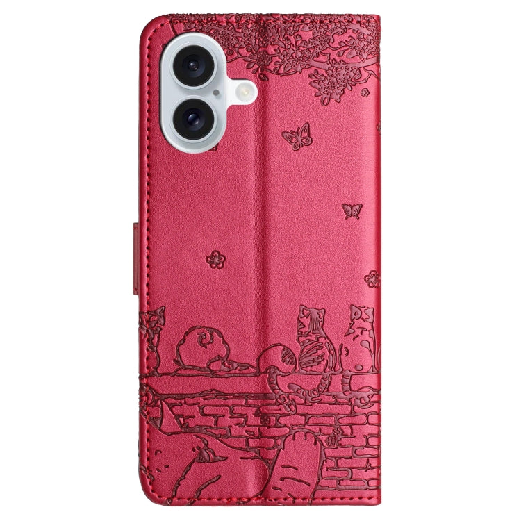 For iPhone 16 Plus Cat Embossing Pattern Leather Phone Case with Lanyard(Red) - iPhone 16 Plus Cases by PMC Jewellery | Online Shopping South Africa | PMC Jewellery | Buy Now Pay Later Mobicred