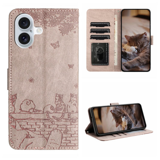 For iPhone 16 Plus Cat Embossing Pattern Leather Phone Case with Lanyard(Grey) - iPhone 16 Plus Cases by PMC Jewellery | Online Shopping South Africa | PMC Jewellery | Buy Now Pay Later Mobicred