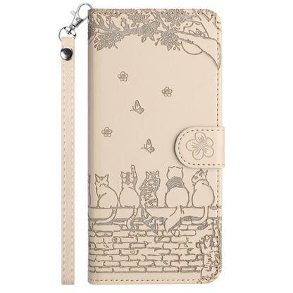 For iPhone 16 Plus Cat Embossing Pattern Leather Phone Case with Lanyard(Beige) - iPhone 16 Plus Cases by PMC Jewellery | Online Shopping South Africa | PMC Jewellery | Buy Now Pay Later Mobicred