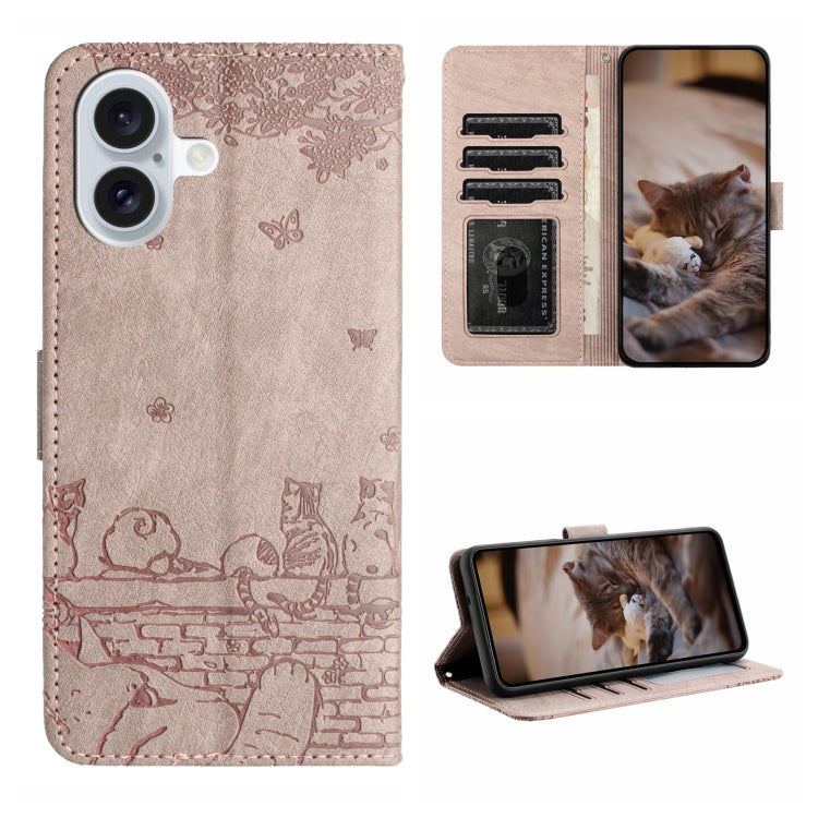 For iPhone 16 Cat Embossing Pattern Leather Phone Case with Lanyard(Grey) - iPhone 16 Cases by PMC Jewellery | Online Shopping South Africa | PMC Jewellery | Buy Now Pay Later Mobicred