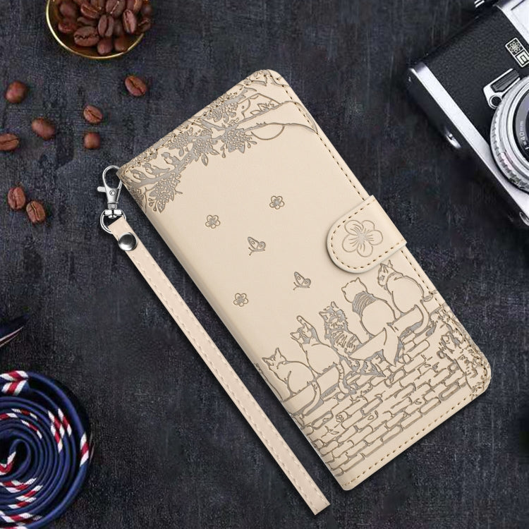 For iPhone 16 Cat Embossing Pattern Leather Phone Case with Lanyard(Beige) - iPhone 16 Cases by PMC Jewellery | Online Shopping South Africa | PMC Jewellery | Buy Now Pay Later Mobicred