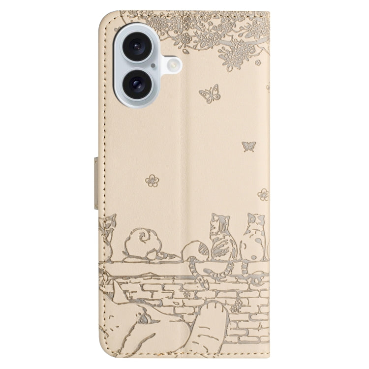 For iPhone 16 Cat Embossing Pattern Leather Phone Case with Lanyard(Beige) - iPhone 16 Cases by PMC Jewellery | Online Shopping South Africa | PMC Jewellery | Buy Now Pay Later Mobicred