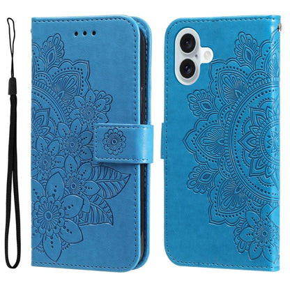 For iPhone 16 Plus Seven-petal Flowers Embossing Leather Phone Case(Blue) - iPhone 16 Plus Cases by PMC Jewellery | Online Shopping South Africa | PMC Jewellery | Buy Now Pay Later Mobicred