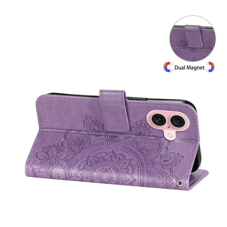 For iPhone 16 7-petal Flowers Embossing Leather Phone Case(Light Purple) - iPhone 16 Cases by PMC Jewellery | Online Shopping South Africa | PMC Jewellery | Buy Now Pay Later Mobicred