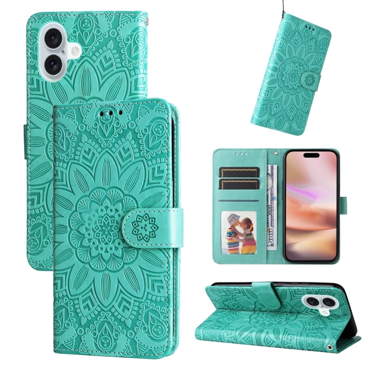 For iPhone 16 Plus Embossed Sunflower Leather Phone Case(Green) - iPhone 16 Plus Cases by PMC Jewellery | Online Shopping South Africa | PMC Jewellery | Buy Now Pay Later Mobicred