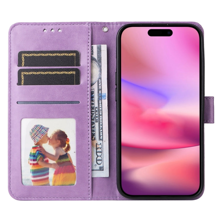 For iPhone 16 Embossed Sunflower Leather Phone Case(Purple) - iPhone 16 Cases by PMC TechLife | Online Shopping South Africa | PMC TechLife | Buy Now Pay Later Mobicred