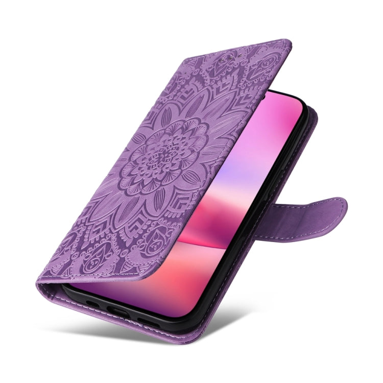 For iPhone 16 Embossed Sunflower Leather Phone Case(Purple) - iPhone 16 Cases by PMC TechLife | Online Shopping South Africa | PMC TechLife | Buy Now Pay Later Mobicred
