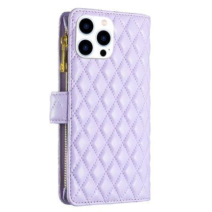 For iPhone 16 Pro Max Diamond Lattice Zipper Wallet Leather Flip Phone Case(Purple) - iPhone 16 Pro Max Cases by PMC Jewellery | Online Shopping South Africa | PMC Jewellery | Buy Now Pay Later Mobicred