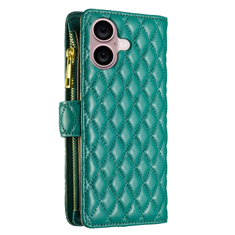 For iPhone 16 Plus Diamond Lattice Zipper Wallet Leather Flip Phone Case(Green) - iPhone 16 Plus Cases by PMC Jewellery | Online Shopping South Africa | PMC Jewellery | Buy Now Pay Later Mobicred