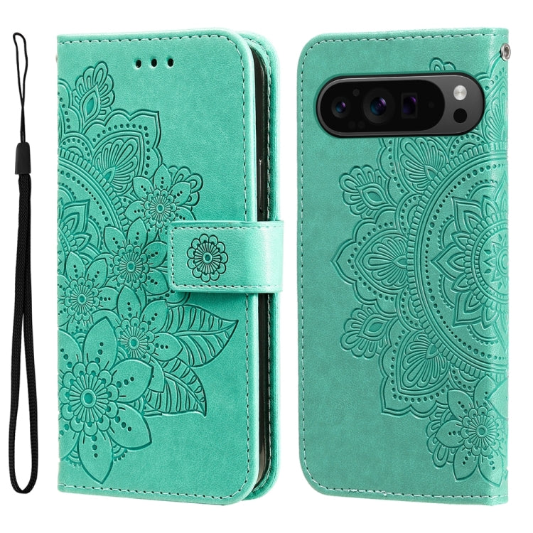 For Google Pixel 9 Pro 7-petal Flowers Embossing Leather Phone Case(Green) - Google Cases by PMC Jewellery | Online Shopping South Africa | PMC Jewellery | Buy Now Pay Later Mobicred