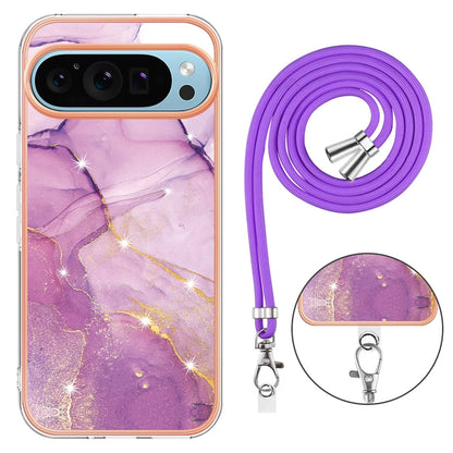 For Google Pixel 9 / 9 Pro Electroplating Marble Dual-side IMD Phone Case with Lanyard(Purple 001) - Google Cases by PMC Jewellery | Online Shopping South Africa | PMC Jewellery | Buy Now Pay Later Mobicred