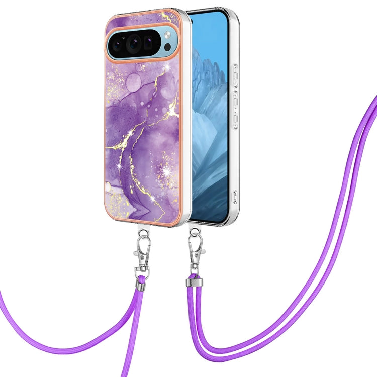 For Google Pixel 9 / 9 Pro Electroplating Marble Dual-side IMD Phone Case with Lanyard(Purple 002) - Google Cases by PMC Jewellery | Online Shopping South Africa | PMC Jewellery | Buy Now Pay Later Mobicred