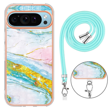 For Google Pixel 9 / 9 Pro Electroplating Marble Dual-side IMD Phone Case with Lanyard(Green 004) - Google Cases by PMC Jewellery | Online Shopping South Africa | PMC Jewellery | Buy Now Pay Later Mobicred