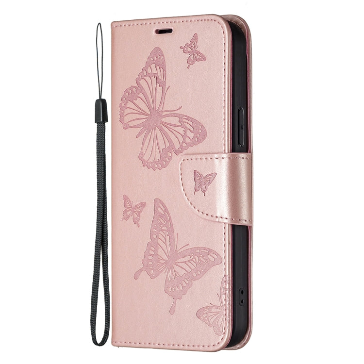 For iPhone 16 Embossing Two Butterflies Pattern Leather Phone Case(Rose Gold) - iPhone 16 Cases by PMC Jewellery | Online Shopping South Africa | PMC Jewellery | Buy Now Pay Later Mobicred