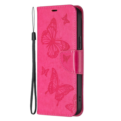 For iPhone 16 Embossing Two Butterflies Pattern Leather Phone Case(Rose Red) - iPhone 16 Cases by PMC Jewellery | Online Shopping South Africa | PMC Jewellery | Buy Now Pay Later Mobicred