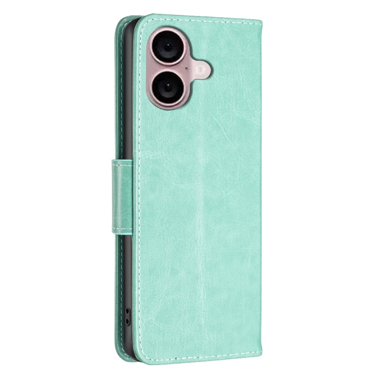 For iPhone 16 Plus Embossing Two Butterflies Pattern Leather Phone Case(Green) - iPhone 16 Plus Cases by PMC TechLife | Online Shopping South Africa | PMC TechLife | Buy Now Pay Later Mobicred