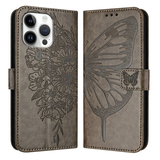 For iPhone 16 Pro Max Embossed Butterfly Leather Phone Case(Grey) - iPhone 16 Pro Max Cases by PMC Jewellery | Online Shopping South Africa | PMC Jewellery | Buy Now Pay Later Mobicred