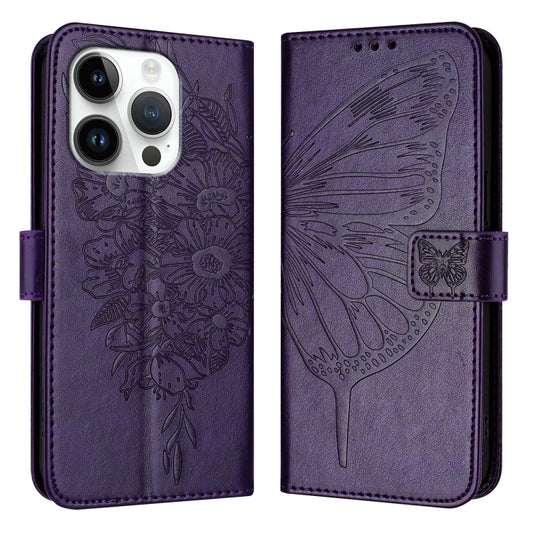 For iPhone 16 Pro Embossed Butterfly Leather Phone Case(Dark Purple) - iPhone 16 Pro Cases by PMC Jewellery | Online Shopping South Africa | PMC Jewellery | Buy Now Pay Later Mobicred