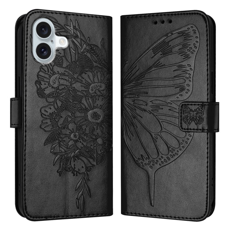 For iPhone 16 Plus Embossed Butterfly Leather Phone Case(Black) - iPhone 16 Plus Cases by PMC Jewellery | Online Shopping South Africa | PMC Jewellery | Buy Now Pay Later Mobicred