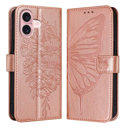 For iPhone 16 Embossed Butterfly Leather Phone Case(Rose Gold) - iPhone 16 Cases by PMC Jewellery | Online Shopping South Africa | PMC Jewellery | Buy Now Pay Later Mobicred