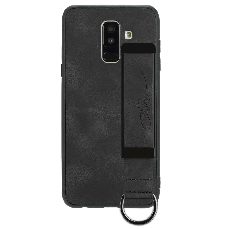 For Samsung Galaxy A6+ Wristband Holder Leather Back Phone Case(Black) - Galaxy Phone Cases by PMC Jewellery | Online Shopping South Africa | PMC Jewellery